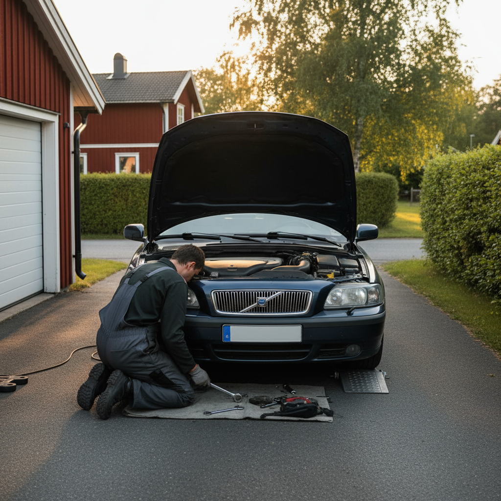 En mekaniker i arbetskläder knäböjer framför en bil med öppen motorhuv på en uppfart.